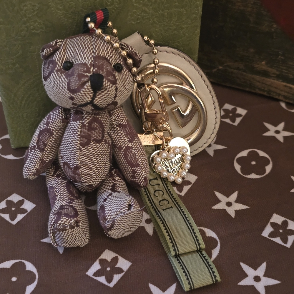 Gucci Beige and Brown Bear Keychain with Gold Accents